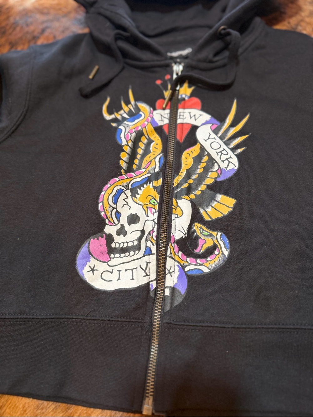 Ed Hardy NYC Full Zip Skull Jacket Cropped Hoodie Y2K 90s Tattoo Art Women's L - Picture 2 of 8